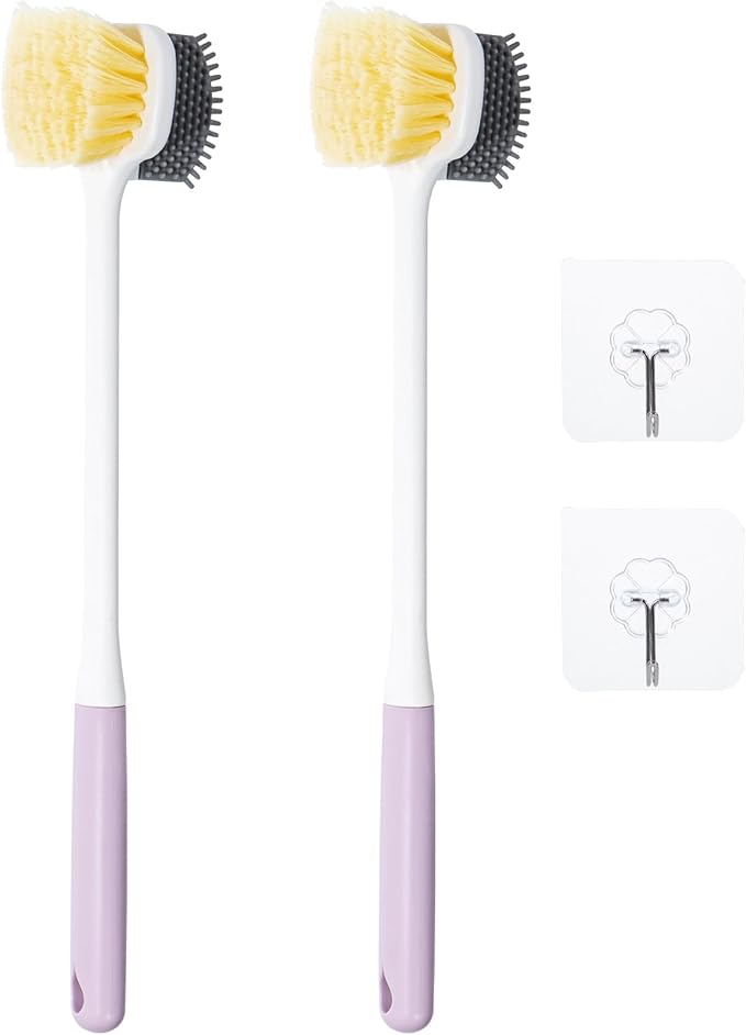 Foot Scrubber Toe Cleaning Brush, 2 Pack Shower Foot Scrubber with Long Handle, Double-Sided Silicone and Soft Bristle Brush for Skin Exfoliation, Seniors, Adults, Purple