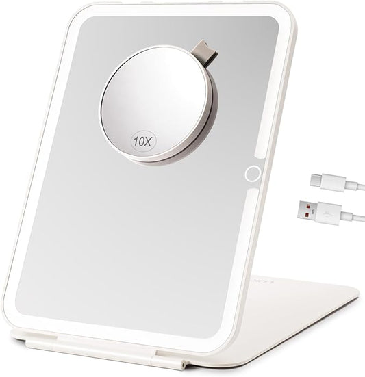 7x9.5 Inches Lighted Travel Mirror with 10X Magnifying Round Mirror, Rechargeable Battery, USB-C Charging, 78 LEDs, Tabletop Mount