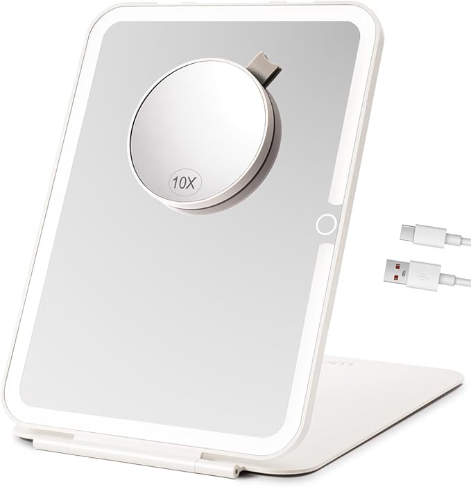 7x9.5 Inches Lighted Travel Mirror with 10X Magnifying Round Mirror, Rechargeable Battery, USB-C Charging, 78 LEDs, Tabletop Mount