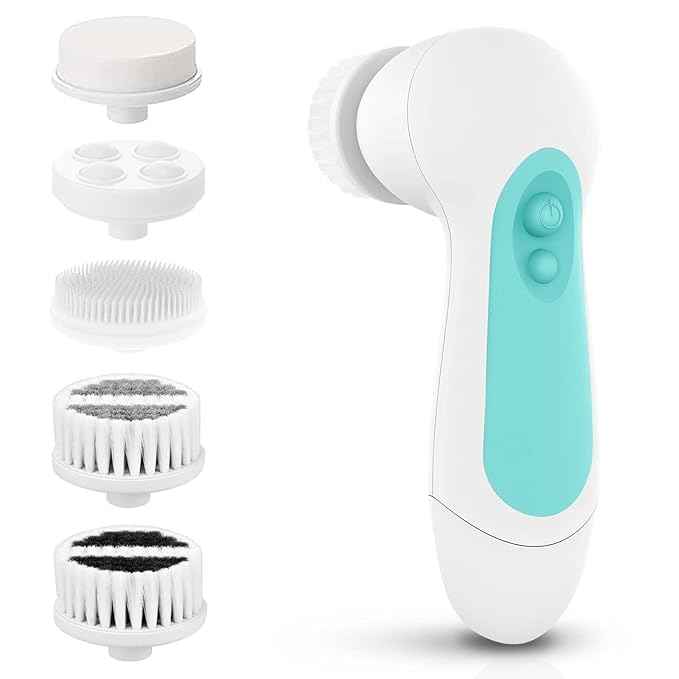 Waterproof Facial Cleansing Spin Brush Set with 5 Exfoliating Brush Heads - Electric Face Scrubber Cleanser Brush by CLSEVXY - Face Brush for Gentle Exfoliation and Deep Scrubbing