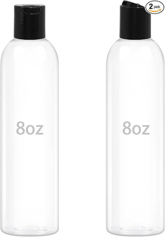 2 Pack 8 oz Plastic Squeeze Bottles with Black Disc Caps Refillable Clear Empty Containers Travel Bottles for Toiletries Conditioner Shampoo Lotions Gels