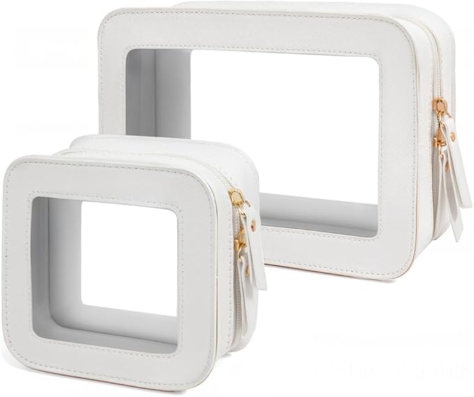 2 Pcs Travel Clear Makeup Bag Set, Clear White Makeup Organizer with Zipper Leather Travel Bags for Toiletries Small Cosmetic Bags for Women Mini Make up Pouch Toiletry Bags Car Essentials