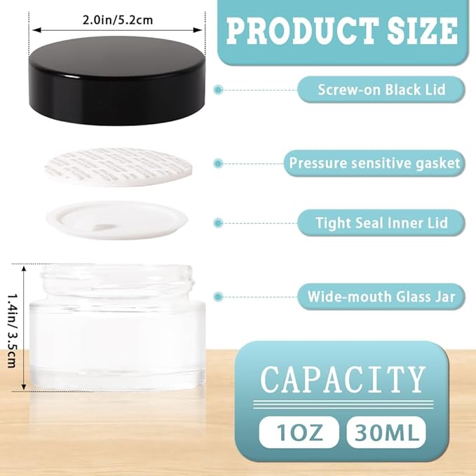4 pack 1oz Glass Jars Round Empty Cosmetic Containers, Refillable Glass Jars with Lids for Face Creams, Lotions, Powders,Salves Ointments,Potravel Storage
