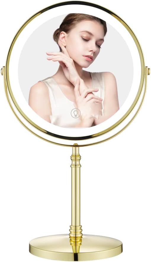 Gold Makeup Mirror with Light 1X/10X Free Standing 8 Inches 360 Swivel Dual-Sided Tabletop Makeup Mirror, Metal
