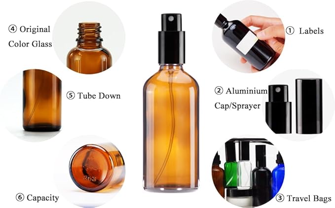YIZHAO Amber Glass Spray Bottles 4oz, with Small Fine Mist Spray, Metal Cap, Refillable for Essential Oil,Travel,Cleaning,Perfume,Aromatherapy,Makeup – 9 Pcs