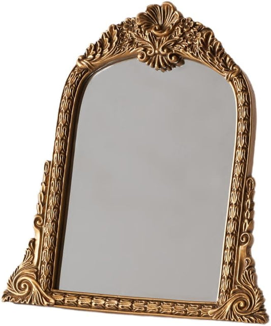 Small Gold Vintage Mirror, Antique Arched Tabletop Makeup Mirror, Hand-Carved Frame, 11" x 11.2" for Bedroom, Living Room, Vanity