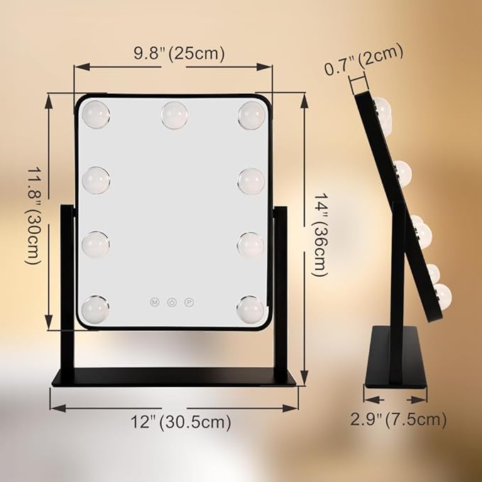 Lighted Vanity Mirror with Lights, 14.2"L x 12"W, Black, Tabletop Mount, Modern Style, Dimmable, Touch Control, Color Changing, Perfect for Bedroom & Dressing Room