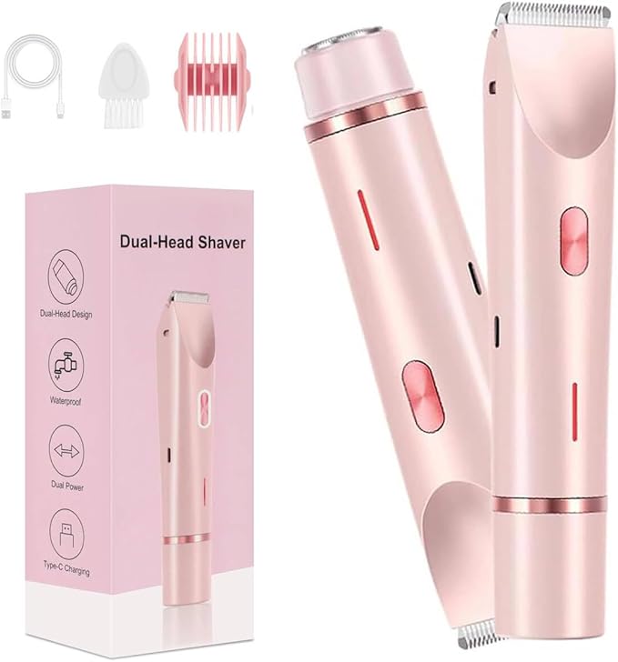 Bikini Trimmer for Women,Dermave Bikini Shaver 2 in 1 Electric Razors for Women,Dual Head Shaver for Leg Arm Body Grooming Tool,Silky and Painless and Efficient Cleaning Pink