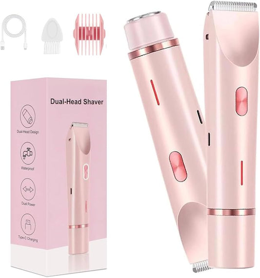 Bikini Trimmer for Women,Dermave Bikini Shaver 2 in 1 Electric Razors for Women,Dual Head Shaver for Leg Arm Body Grooming Tool,Silky and Painless and Efficient Cleaning Pink