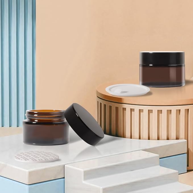 4 pack 1oz Glass Jars Round Empty Cosmetic Containers, Refillable Glass Jars with Lids for Face Creams, Lotions, Powders,Salves Ointments,Potravel Storage