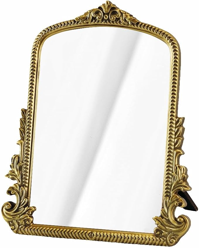 Vintage Bronze Vanity Makeup Bronze Desk Mirror - Antique Gold Finish - Elegant Wood Framed Standing Carved Mirror for Living Room, Bedroom, and Tabletop - 11.8" x 9.6" - Classic Chic Arch Design