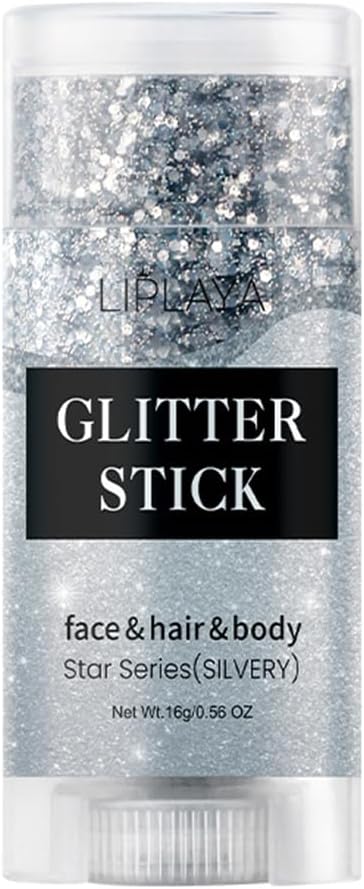 Silver Face Body Glitter Stick, Mermaid Sequins Face Glitter Gel, Singer Concerts Music Festival Rave Accessories,Holographic Chunky Glitter Makeup for Lip Eye Hair Body