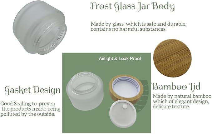 Empty Refillable Frosted Glass Cosmetic Cream Jar 4 Pack 1.6 OZ/50g with Bamboo Lids,Skin Care Travel Containers Pot for Clay Masks,Butter,Body Scrub,Lip Balm, Ointments, Lotion Frost
