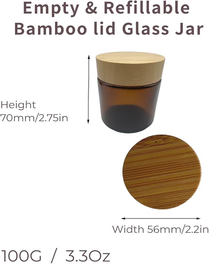 Empty Refillable Brown Glass Cosmetic Cream Jar 4 Pack 3.3 OZ/100g with Bamboo Lids,Skin Care Travel Containers Pot for Clay Masks,Butter,Body Scrub,Lip Balm, Ointments, Lotion