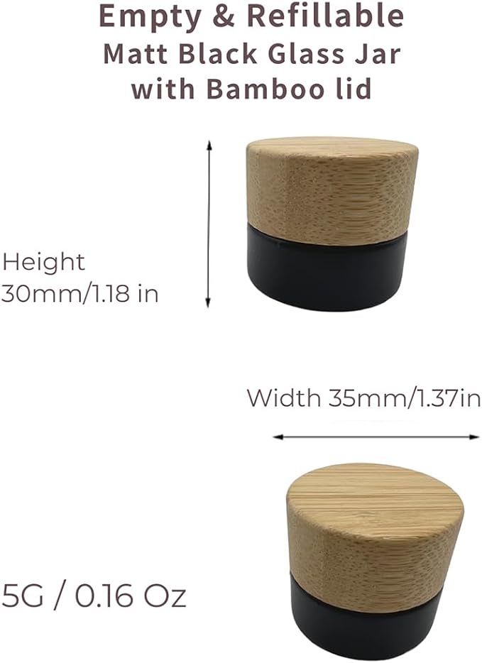 Empty Refillable Matt Black Glass Cosmetic Cream Jar 4 Pack 0.17 OZ/5g with Bamboo Lids,Skin Care Travel Frost Containers Pot for Eye Cream Lotion Ointments Lip Balm