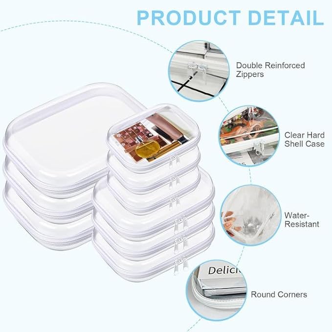 9 Pcs Clear Hard Zipper Case Hard Plastic Zipper Pouches Clear Shell Case Portable Travel Organizer Makeup Bag for Building Blocks Puzzles Cosmetics Makeup Supplies