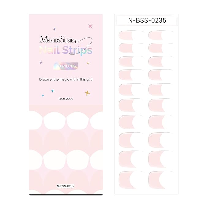 MelodySusie Semi Cured Gel Nail Strips (Pink French Tips), Works with Nail lamp, Salon Quality, Long Lasting, Easy to Apply abd Remove, Includes 20Pcs, 2 Prep Pads, Nail File and Wooden Stick