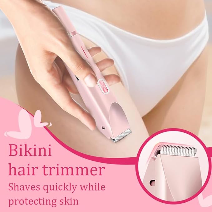 Bikini Trimmer for Women, Electric Shaver and Razor Rechargeable 2-in-1 Body and Facial Epilator, Dual Heads for Painless Trimming of Pubic Hair, Face, Underarms and Legs, Summer Gift