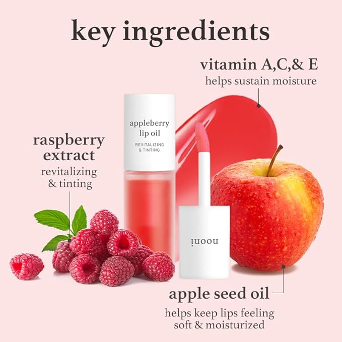 NOONI Korean Lip Oil - Appleberry | Long-Lasting, Moisturizing, Plumping, Revitalizing for Dry Lips, Waterproof, No Peel Off, Hydrating, Nourishing Crystal Clear, 0.12 FL Oz
