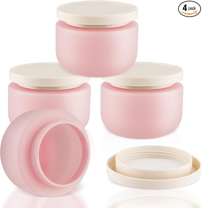 4 Pack 8 OZ Plastic Jars Round Cosmetic Container with Lids,Wide Mouth Soft Slime Jars for Lotion,Hand Cream,Ointments,Makeup,Body Butter,Rhinestone,Samples Pot Travel Make Up Storage (Pink)
