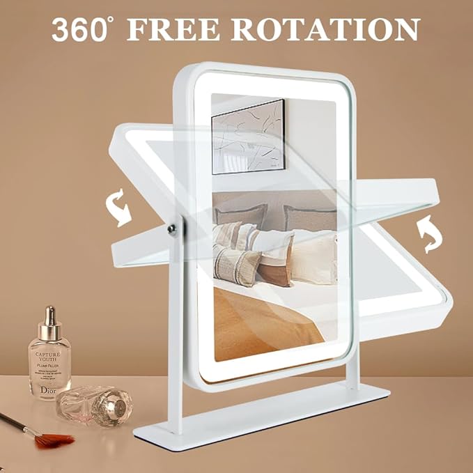 Small Desk Mirror with Lights, Lighted Makeup Mirror with Light, Portable Tabletop Make Up Mirror for Desk, Vanity Mirror with Lights,Smart Touch Control, Dual Power Supply, 360°Rotation