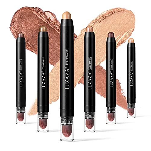 6 PCS Brown Neutral Metallic Eyeshadow Stick, Light to Dark Brown Cream Shimmer Pencil Crayon, Pro Waterproof & Long Lasting Starter Sets
