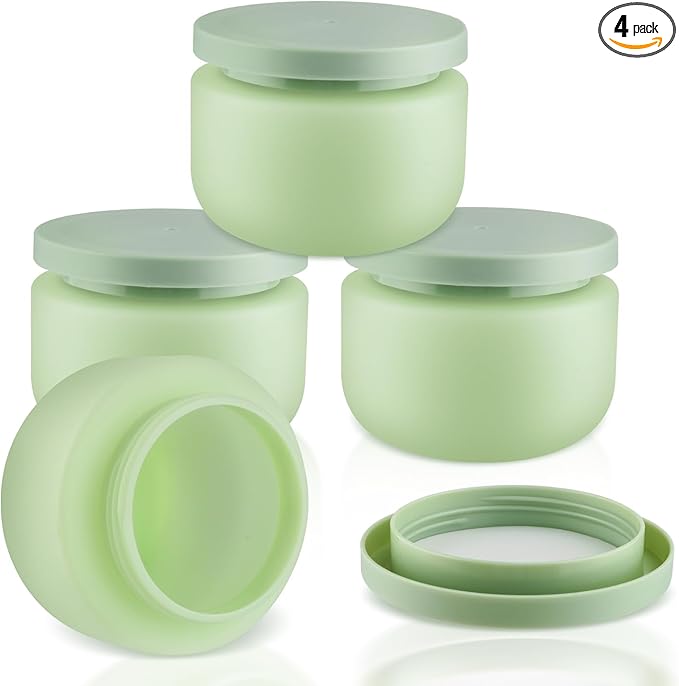 4 Pack 8 OZ Plastic Jars Round Cosmetic Container with Lids,Wide Mouth Soft Slime Jars for Lotion,Hand Cream,Ointments,Makeup,Body Butter,Rhinestone,Samples Pot Travel Make Up Storage (Green)