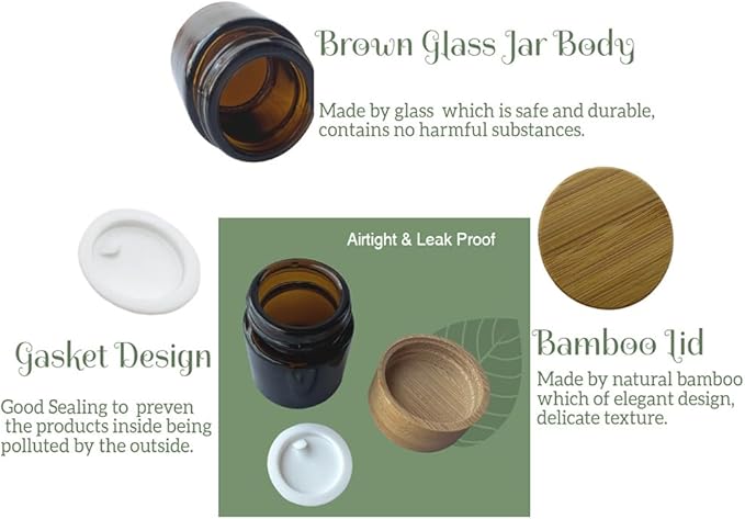 Empty Refillable Glass Cosmetic Jar 4 Pack 10g/0.33oz with Bamboo Lids,Skin Care Travel Containers Pot Vial Holder Sample Storage for Eye Cream Lotion Ointments Lip Balm Brown