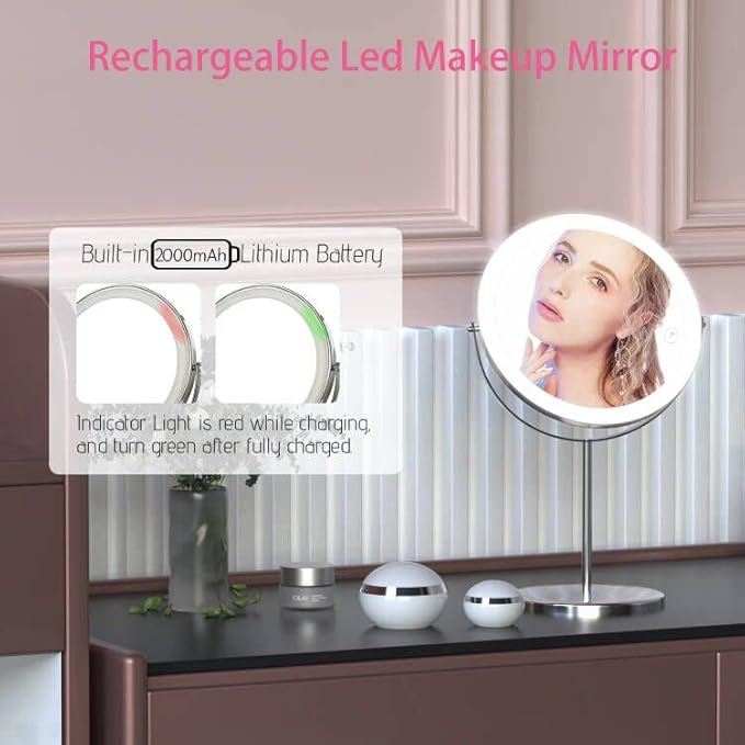 8" Lighted Makeup Mirror with Magnification, 1X/10X Magnifying Mirror with Light, Double Sided 360° Cordless Rechargeable, 3 Colors Brightness Adjustable Makeup Mirror with Lights with 52 LED(Silver)