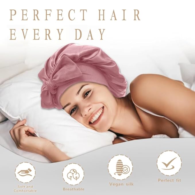 Silk Bonnet for Sleeping Women, Ajustable Hair Bonnet for Curly Hair with Tie Band Shower Caps Crimson，Large