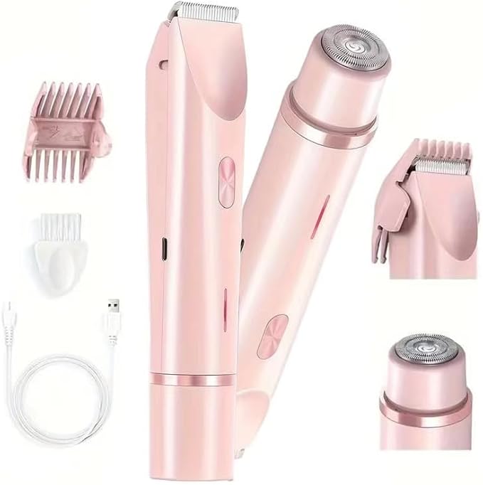 Bikini Trimmer for Women, Electric Shaver and Razor Rechargeable 2-in-1 Body and Facial Epilator, Dual Heads for Painless Trimming of Pubic Hair, Face, Underarms and Legs, Summer Gift