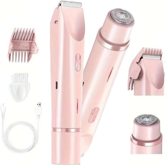 Bikini Trimmer for Women, Electric Shaver and Razor Rechargeable 2-in-1 Body and Facial Epilator, Dual Heads for Painless Trimming of Pubic Hair, Face, Underarms and Legs, Summer Gift