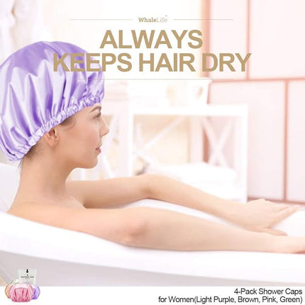 Shower Cap for Women Reusable Extra Large Shower Caps for Men Satin Double Layer EVA Waterproof Long Hair Caps(Light Purple, Brown, Pink, Green 4 Pack)