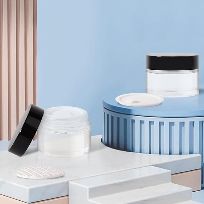 4 pack 1oz Glass Jars Round Empty Cosmetic Containers, Refillable Glass Jars with Lids for Face Creams, Lotions, Powders,Salves Ointments,Potravel Storage