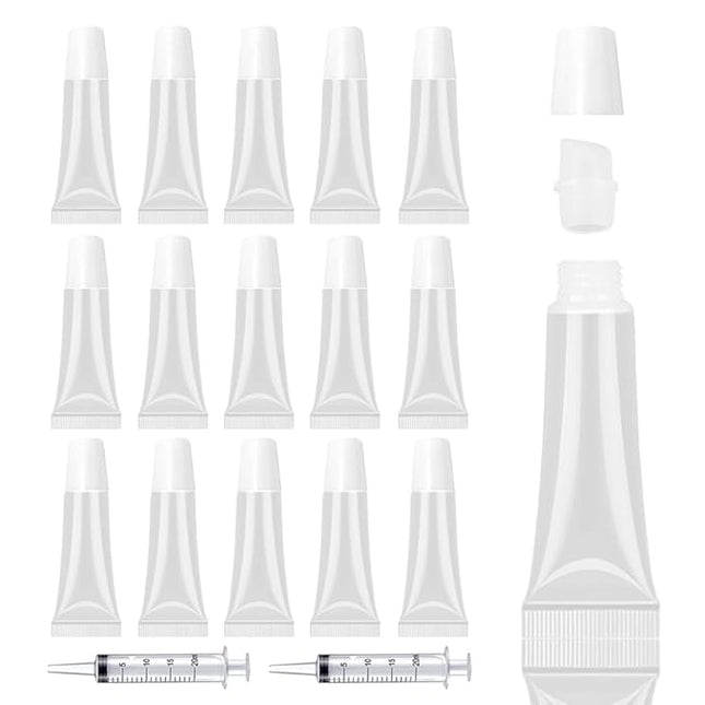 AMORIX 50PCS 10ml Lip Gloss Tubes Clear Empty Lip Balm Containers with White Cap Refillable Soft Cosmetic Squeeze Tubes for Lip Gloss Base Glitter Pigment Powder 2 Syringes + Tag Labels Stickers