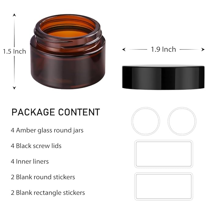 4 Pack 1oz Glass Jars with Lids, Tecohouse Amber Glass Jars with Lids & Stickers, Reusable Empty Round makeup container for Creams, Lotion, Cosmetic