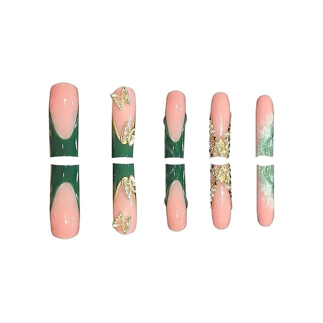 RUOKEXIN Long Square Press on Nails Green French Tip Fake Nails Gold Glitter False Nails with Gold 3D Butterfly Designs Long Square Glue on Nails Sparkly Artificial Nails Cute Stick on Nails for Women