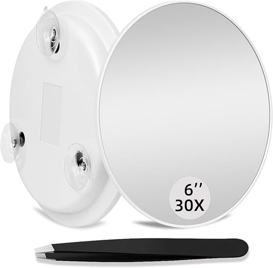 30X Makeup Magnifying Mirror, Round 6inch Travel Magnified Mirror with 3 Suction Cups Mounting, 30X Handheld Travel Magnification and Tweezers Kit - for Detailed Makeup, Blackhead/Blemish Removal