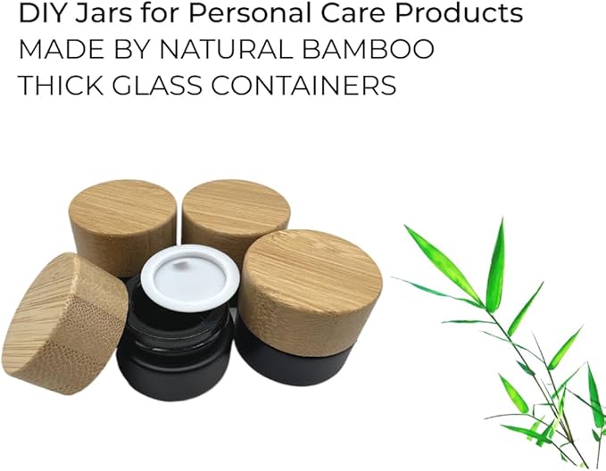 Empty Refillable Matt Black Glass Cosmetic Cream Jar 4 Pack 0.17 OZ/5g with Bamboo Lids,Skin Care Travel Frost Containers Pot for Eye Cream Lotion Ointments Lip Balm