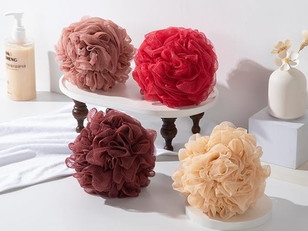 Loofah Sponge XXL-100g 4 Pack, Bath Sponge Soft Mesh Shower Puff Loofah for Men, Exfoliating Body Scrubber for Women, Shower Accessories (Cherry Red)
