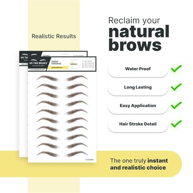 10 Pairs Dark Brown Temporary Eyebrow Tattoos, Waterproof and Smudge-Proof Medium Sassy Swerve Style Realistic Eyebrow Stickers for Women, Easy to Apply, Won't Work on Existing Brows