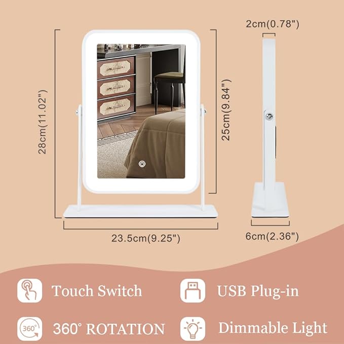 Small Desk Mirror with Lights, Lighted Makeup Mirror with Light, Portable Tabletop Make Up Mirror for Desk, Vanity Mirror with Lights,Smart Touch Control, Dual Power Supply, 360°Rotation