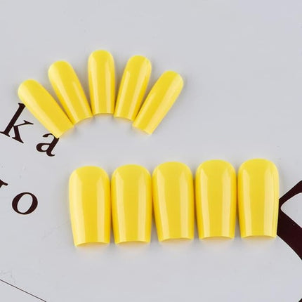 Yellow Press on Nails Long Square, KXAMELIE Medium Coffin Nails Press ons Long Glue on Nails Natural Thick Fake Long Nails Acrylic Nails Reusable 24 Fake Nails Solid Color False Nails for Women