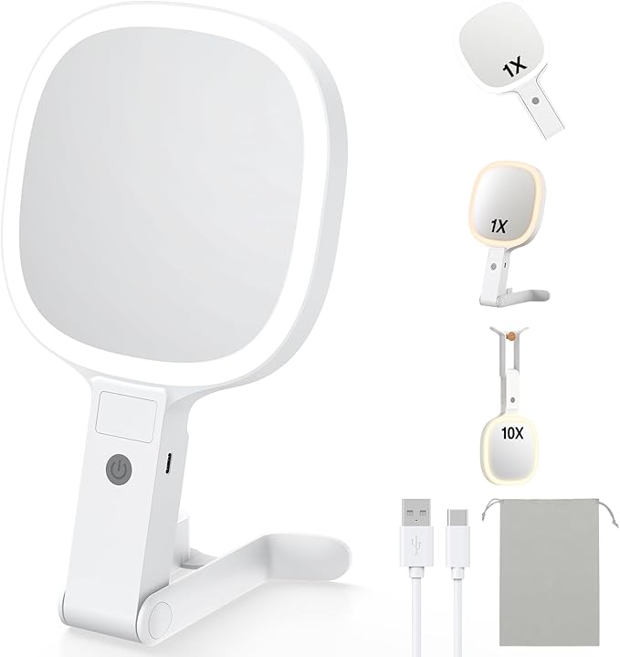 Gospire 6.8" Travel Vanity Mirror, 3-in-1 Hanging/Handheld/Desktop Use with Dual-Side Buttons, 1X/10X Magnification, 3-Color Dimmable LED, Auto Memory + Velvet Pouch (White)