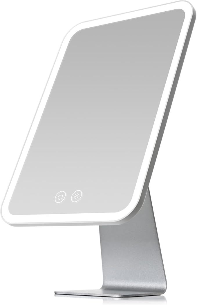 Lighted Makeup Mirror, Metal Table Mirror with Stand, 2000 mAh Rechargeable Vanity Mirror with 3 Colors and Brightness Adjustable, 12 Inch Light up Mirror