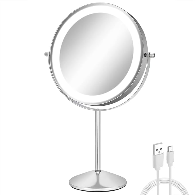 8" Makeup Mirror with Lights, 1X/10X Lighted Vanity Mirror with Magnification, 3 Color Adjustable Brightness, 360° Rotating Dual-Side, USB Rechargeable Cordless Design for Vanity & Tabletop