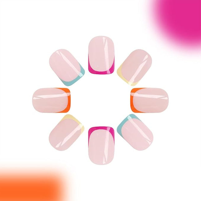 Colorful French Tip Press on Nails Short Square Cute Rainbow Fake Nails Press ons Glossy Full Cover Glue on Nails Natural Nude False Nails Acrylic Stick on Nails for Women Girls 24 Pcs