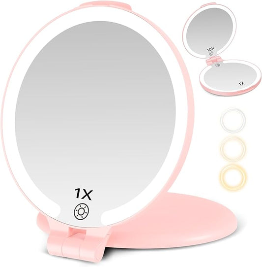 FUNTOUCH Travel Mirror with Light, 10X 1X Double Sided Magnification Makeup Vanity Mirror Rechargeable Lighted Mirror with 3 Color Setting Adjustable Rotation LED Vanity Desk Mirror,Pink