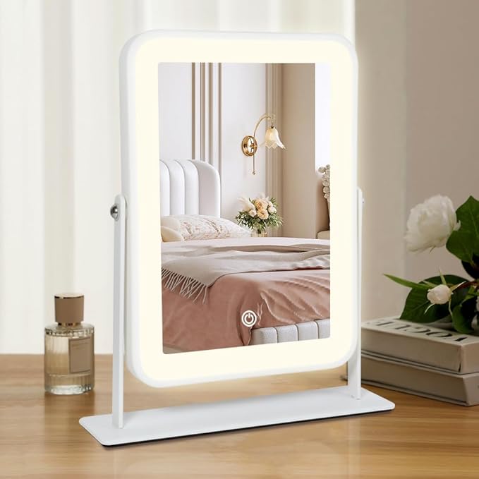 Rechargeable LED Vanity Mirror with Lights,11"×9" Small Desk Makeup Mirror with Lights,Smart Touch with 3-Color Lighting,Dimmable,for Birthday Gifts for Women,Home Dorm Decor