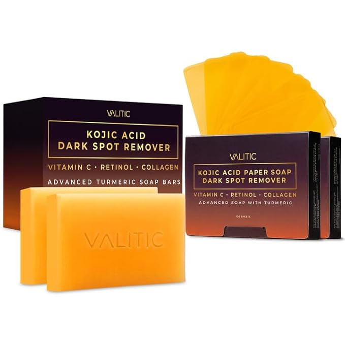 VALITIC Kojic Acid and Turmeric Dark Spot Corrector Soap – Skin Care Cleansing Duo - 2 Soap Bars and 200 Melting Paper Sheets - Infused with Vitamin C, Retinol and Collagen